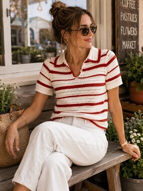 Madewell Red White Crochet Knit Polo Sweater Medium Coastal Grandmillennial Top